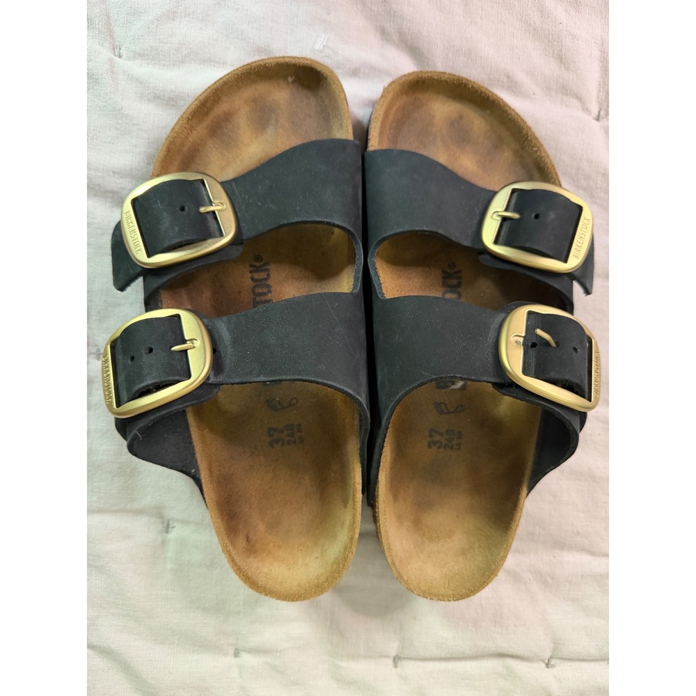 Birkenstock Black Double Strap Sandals with Gold Buckles